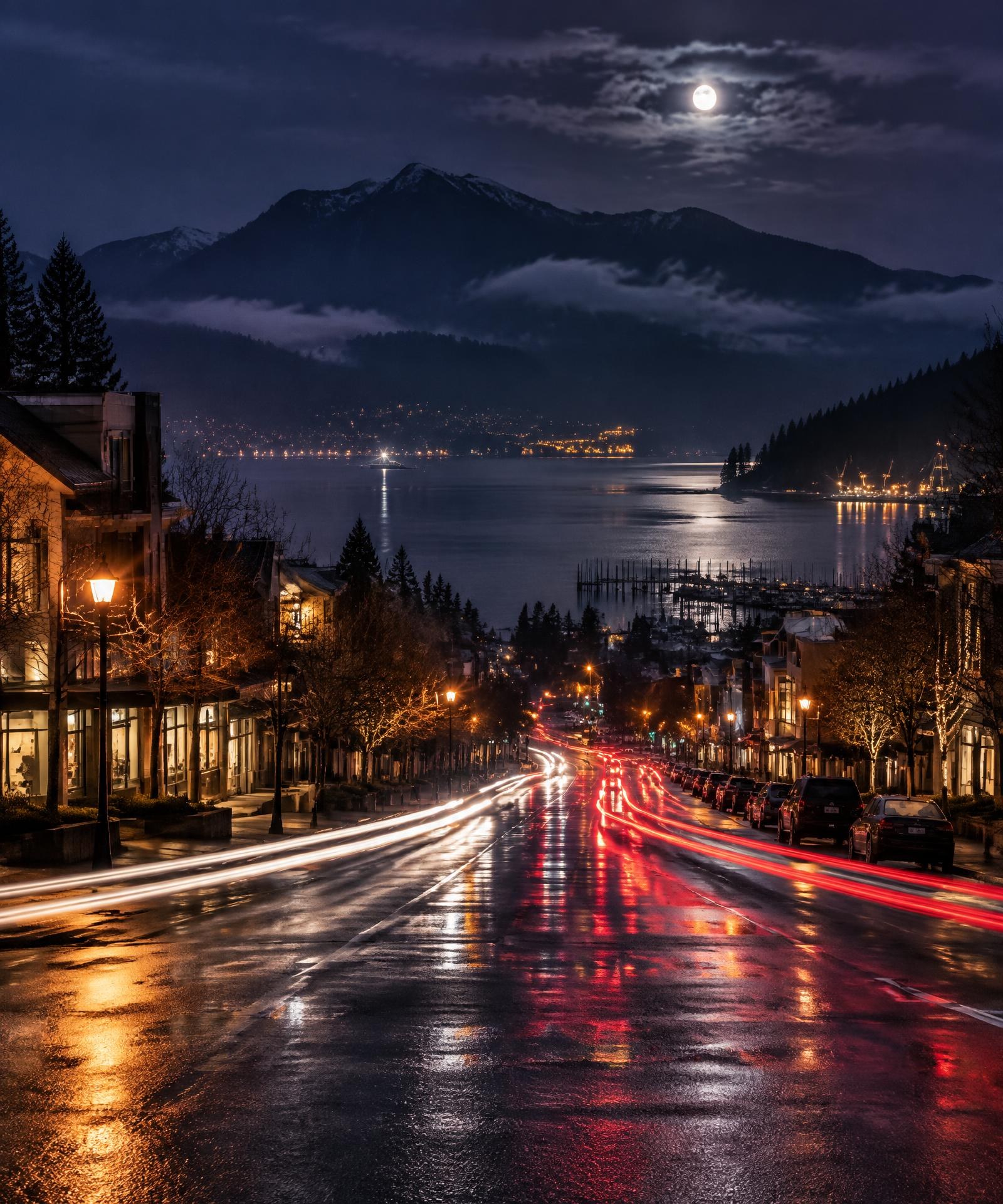 Long-exposure night street with light trails across a Kiaro delivery zone